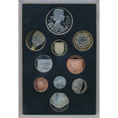 168 - 2012 UK proof set of 10 coins FDC, by The Royal Mint, black book edition with box, includes certific... 