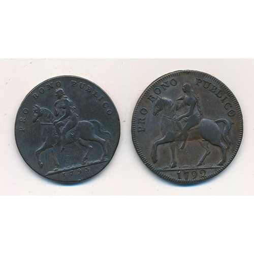 118 - A Pair of Coventry half penny tokens 1792 & 1793, Elephant & Castle / Lady Godiva to both.