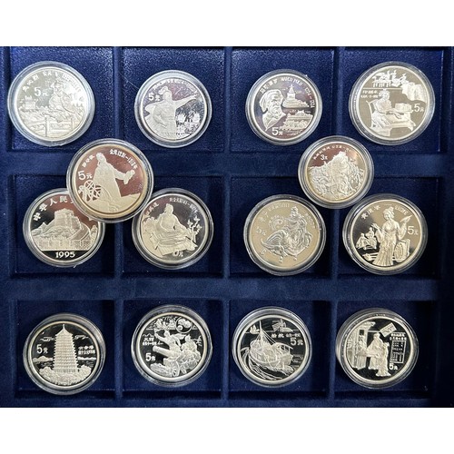 196 - 5000 Years of China 1985 to 1996 5 yuan set of 38 silver proofs FDC (one being a 3 yuan coin), in 2 ... 