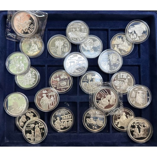 196 - 5000 Years of China 1985 to 1996 5 yuan set of 38 silver proofs FDC (one being a 3 yuan coin), in 2 ... 