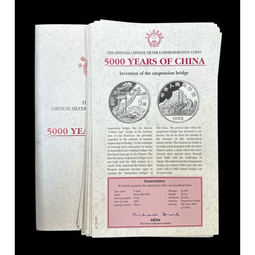 196 - 5000 Years of China 1985 to 1996 5 yuan set of 38 silver proofs FDC (one being a 3 yuan coin), in 2 ... 