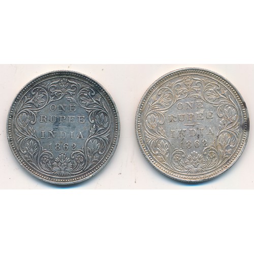 216 - India 1862 (Queen Victoria) one rupee coin x 2, very fine.