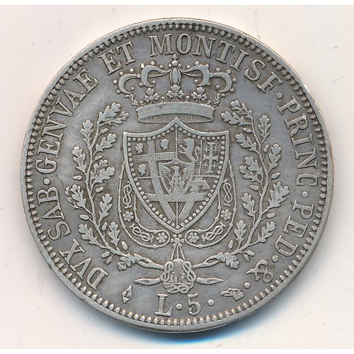 222 - Italian States - Sardinia Carlo Felice 5 lira, fine. 24.88g.