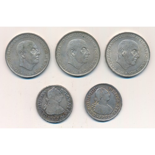 241 - Spain silver coin range (5), with Charles IV 2 reales 1790, 1793, 100 pesetas 1966 (3). Qty 5