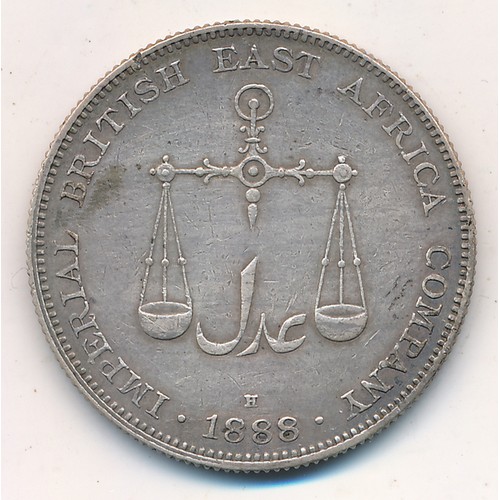 187 - 1888H British East Africa Mombasa one Rupee, good very fine. 11.65g.