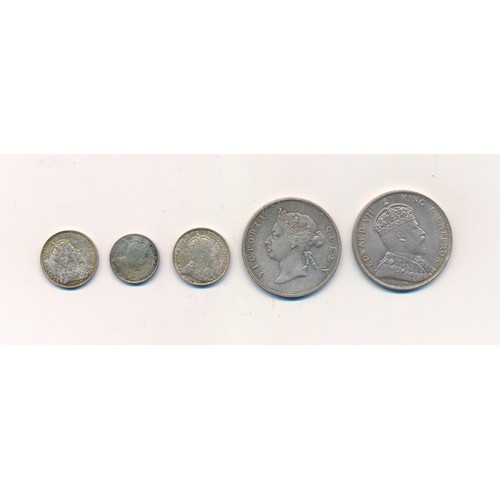 212 - Hong Kong silver coins (5), with 50 cents 1895, 1902, 10 cents 1902 (2) and 5 cents 1904. Qty 5