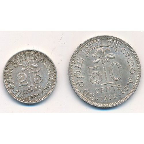 188 - Ceylon 1902 50 cents and 25 cents, very fine. Qty 2