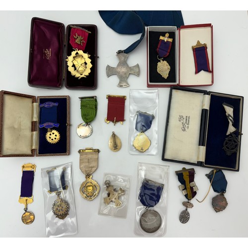 102 - An assortment of Masonic, friendly societies and other silver and enamel medals and jewels including... 