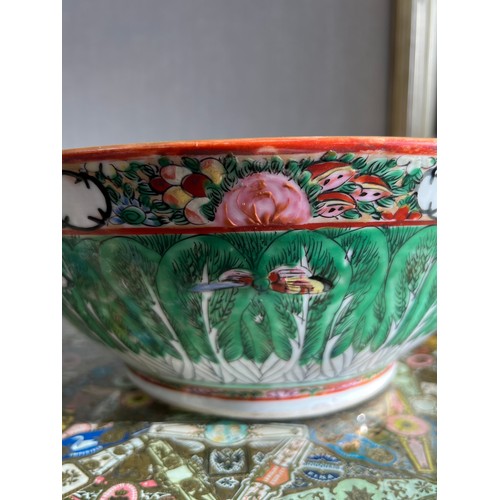 333 - Chinese mid-century cabbage leaf Canton bowl with foliate and butterfly design. Stamped to base for ... 