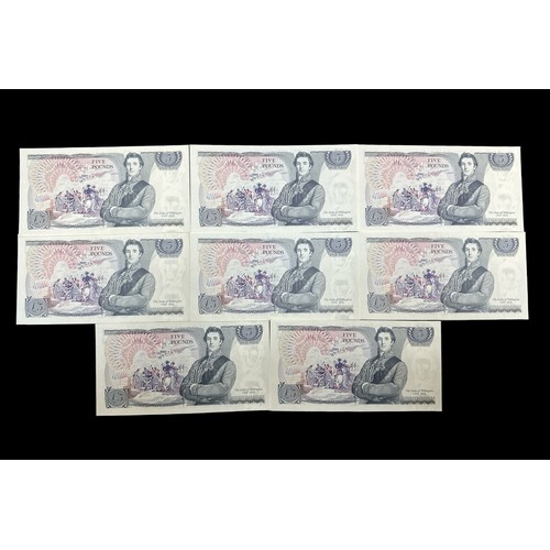 258 - Page 1973 £5 BN58 consecutive run of 8 banknotes, BN48 759077 to BN48 759084, all about uncirculated... 