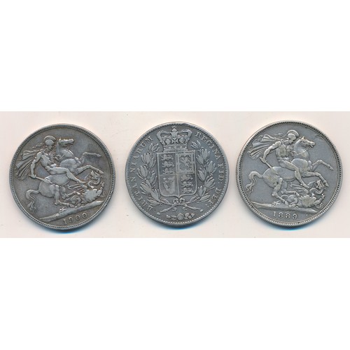 139A - Range of Queen Victoria silver crowns (3), with 1844, 1889 and 1900, fine.