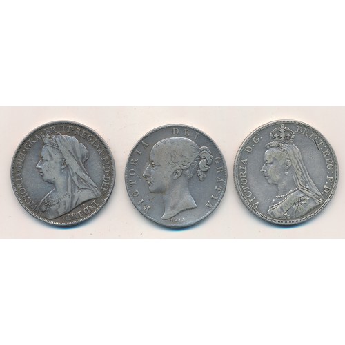 139A - Range of Queen Victoria silver crowns (3), with 1844, 1889 and 1900, fine.