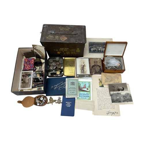 80 - Militaria miscellaneous range, to include; 450 RDS ammunition box, mixed coins and buttons, paper ep... 