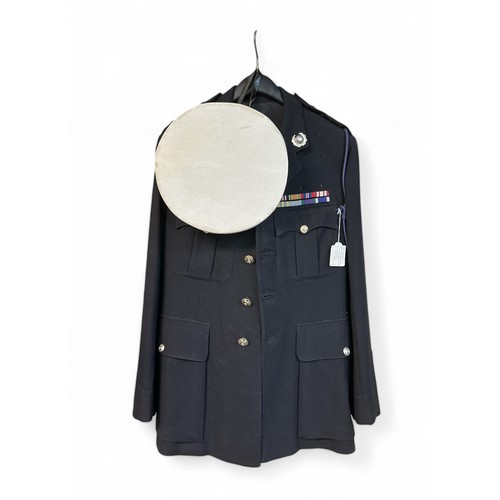 149 - Royal Marines No. 1 dress uniform - jacket, trousers & cap. With shoulder titles and medal ribbons.