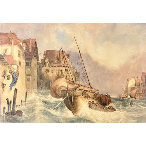 399 - E McLeod (19th Century), large stormy continental coastal town scene, watercolour on paper. Named to... 