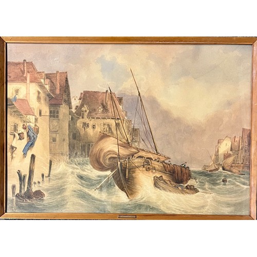 399 - E McLeod (19th Century), large stormy continental coastal town scene, watercolour on paper. Named to... 