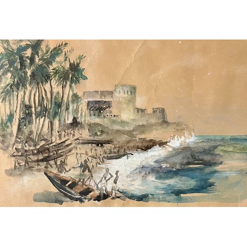 397 - Emmanuel Quartey-Papafio (Ghanaian, 20th Century), watercolour on paper coastal scene, 1985. Signed ... 