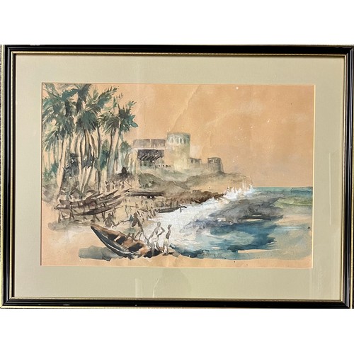 397 - Emmanuel Quartey-Papafio (Ghanaian, 20th Century), watercolour on paper coastal scene, 1985. Signed ... 