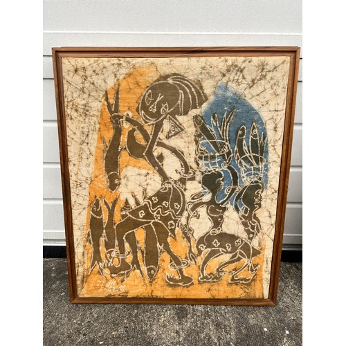 287 - Tigho Eghagha (Ivory Coast, 20th Century), three figural Batik fabric paintings. Purchased by vendor... 