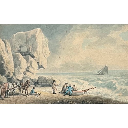 394 - George Morland (British, 1763-1804), coastal landscape with figures watercolour scene. Signed to low... 