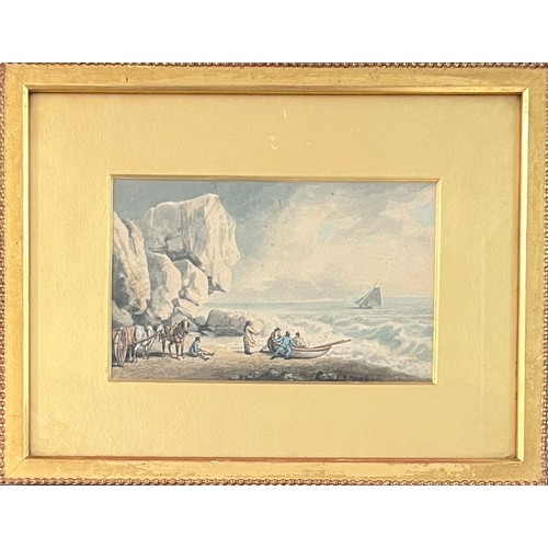 394 - George Morland (British, 1763-1804), coastal landscape with figures watercolour scene. Signed to low... 