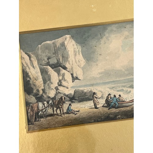 394 - George Morland (British, 1763-1804), coastal landscape with figures watercolour scene. Signed to low... 