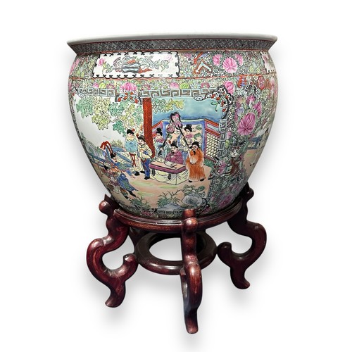 297 - Large modern Chinese jardiniere / fishbowl with panelled figural exterior and fish / aquatic plant d... 