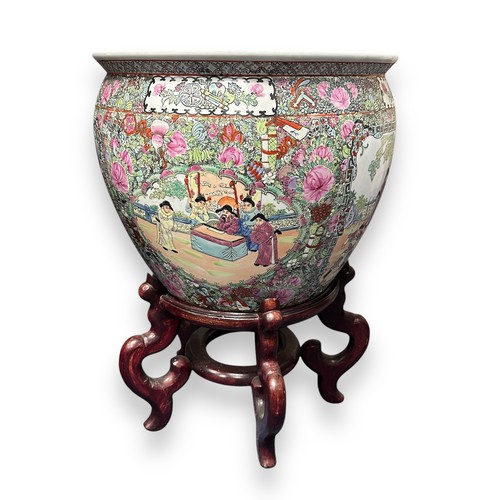 297 - Large modern Chinese jardiniere / fishbowl with panelled figural exterior and fish / aquatic plant d... 