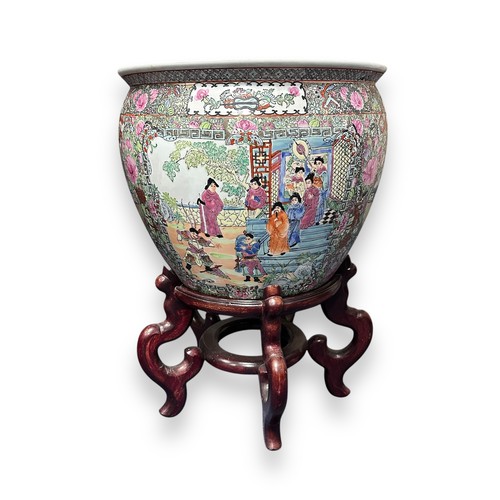 297 - Large modern Chinese jardiniere / fishbowl with panelled figural exterior and fish / aquatic plant d... 