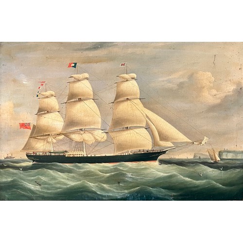 409 - English School 19th / 20th Century maritime oil on canvas of a three mastered Clipper ship under red... 