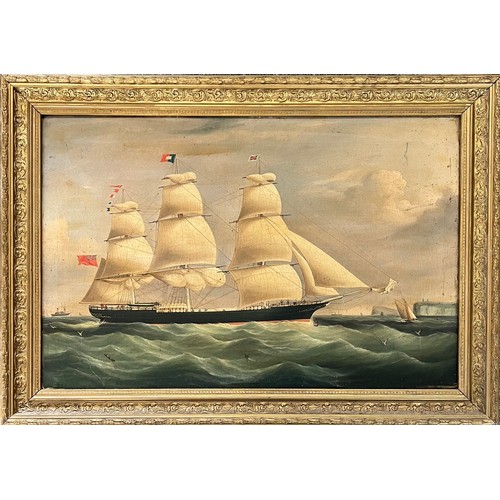 409 - English School 19th / 20th Century maritime oil on canvas of a three mastered Clipper ship under red... 