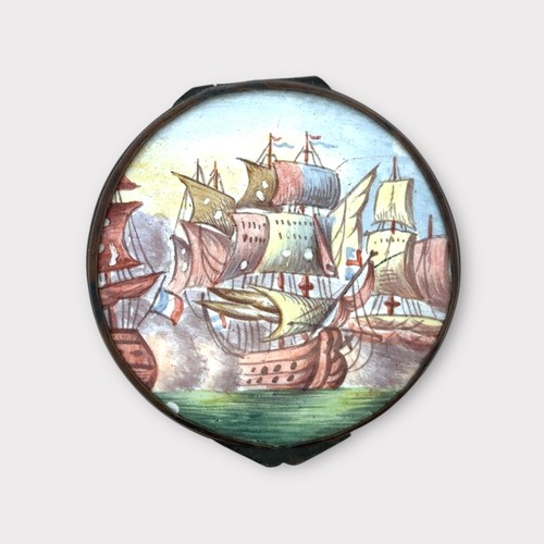 250 - Bilston 18th Century circular enamel snuff box, hinged cover painted with ships, the sides and base ... 