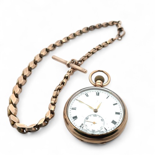 87 - A 9ct gold 15 jewel open face pocket watch with white enamel dial and Roman numeral hour markers. Sw... 