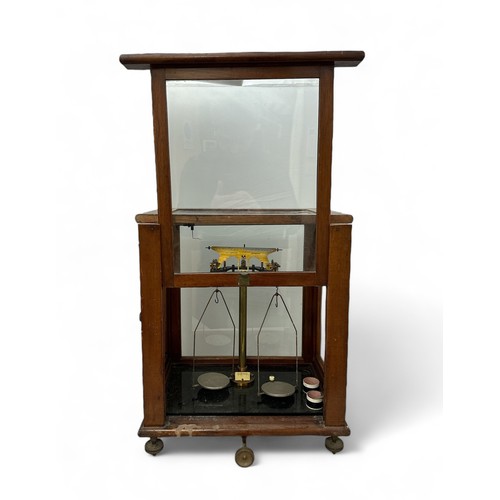 162 - Vintage Scientific Scales by W & J George Ltd Birmingham. Scales housed in  Mahogany cabinet with tw... 