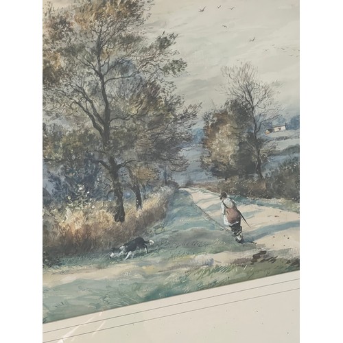 391 - C. J. Thornton (British, 1911-2001), countryside landscape with a dog walker watercolour on paper. S... 