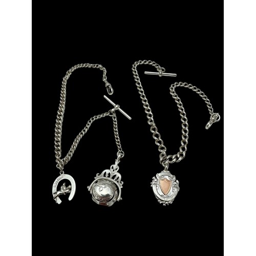 95 - Two silver curb link Albert watch chains. One with a hallmarked swivel locket fob and  horseshoe & j... 