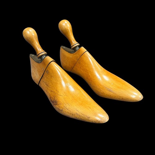 265 - Wooden Shoe Treens & Wooden Yoke. A pair of adjustable handled wooden shoe treens, a left and a righ... 