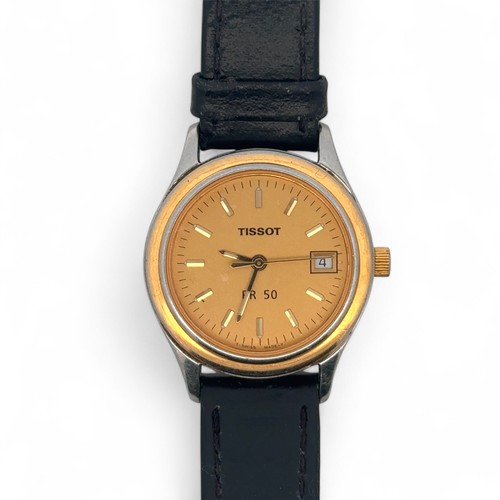 99 - A Tissot PR 50 quartz watch on leather strap. Case back numbered J132/232k. Strap worn. Watch in nee... 