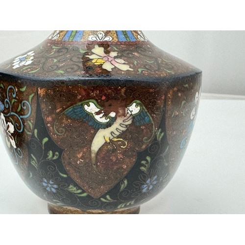 302 - A pair of Japanese Meji period cloisonne on copper vases, decorated with birds, butterflies, dragons... 