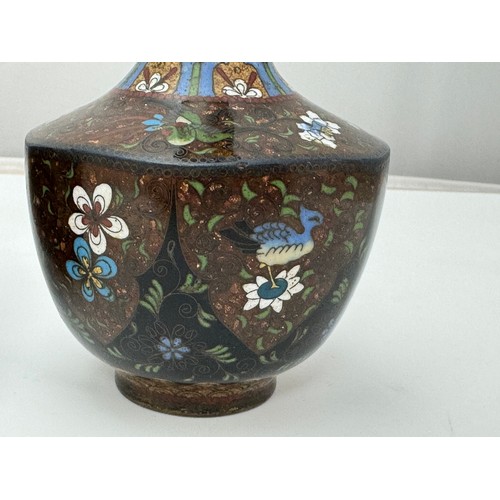 302 - A pair of Japanese Meji period cloisonne on copper vases, decorated with birds, butterflies, dragons... 