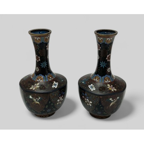 302 - A pair of Japanese Meji period cloisonne on copper vases, decorated with birds, butterflies, dragons... 