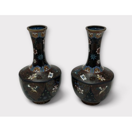 302 - A pair of Japanese Meji period cloisonne on copper vases, decorated with birds, butterflies, dragons... 