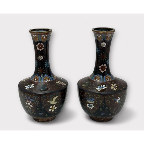 302 - A pair of Japanese Meji period cloisonne on copper vases, decorated with birds, butterflies, dragons... 