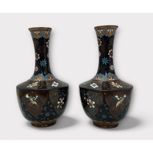 302 - A pair of Japanese Meji period cloisonne on copper vases, decorated with birds, butterflies, dragons... 