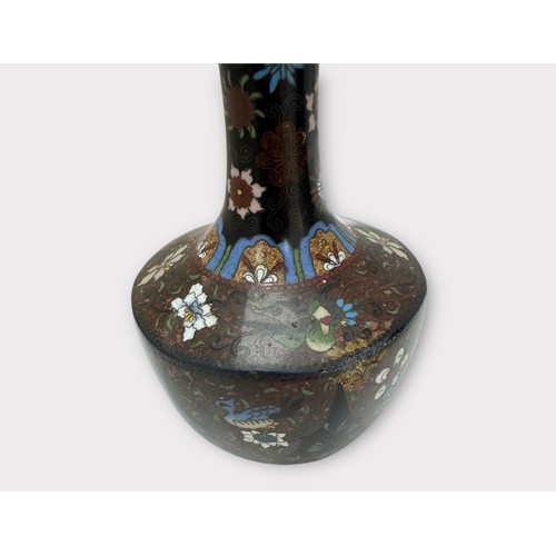 302 - A pair of Japanese Meji period cloisonne on copper vases, decorated with birds, butterflies, dragons... 