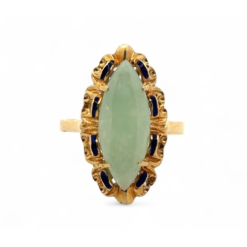 3 - A marquise jade set in a ring stamped 750 with blue enamel decoration. Size L. 4.75g