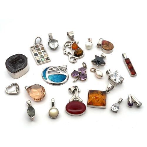 72 - 20 gem set pendants, mostly silver or stamped 925, a couple unmarked.