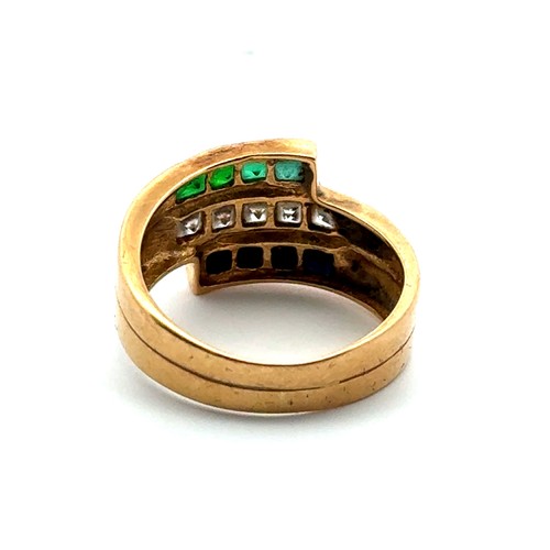 35 - A multi-gem ring with three rows of green white and blue stones in unmarked yellow gold (tests as 18... 