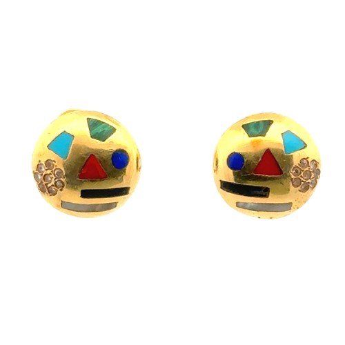 13 - A pair of Egyptian circular multi-gem set earrings in unmarked yellow gold (tests as 18ct gold using... 