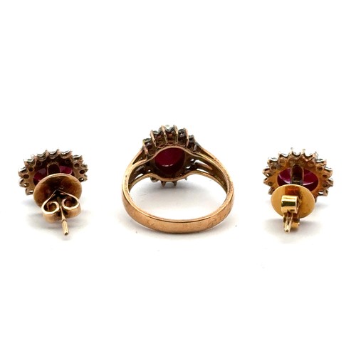 16 - A ruby and diamond cluster ring, size M with a pair of matching butterfly back earrings. With jewell... 